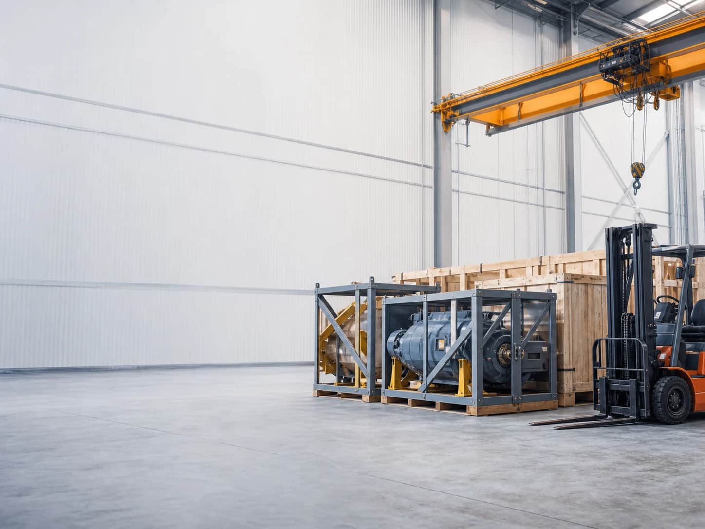 Industrial machinery secured for export shipping