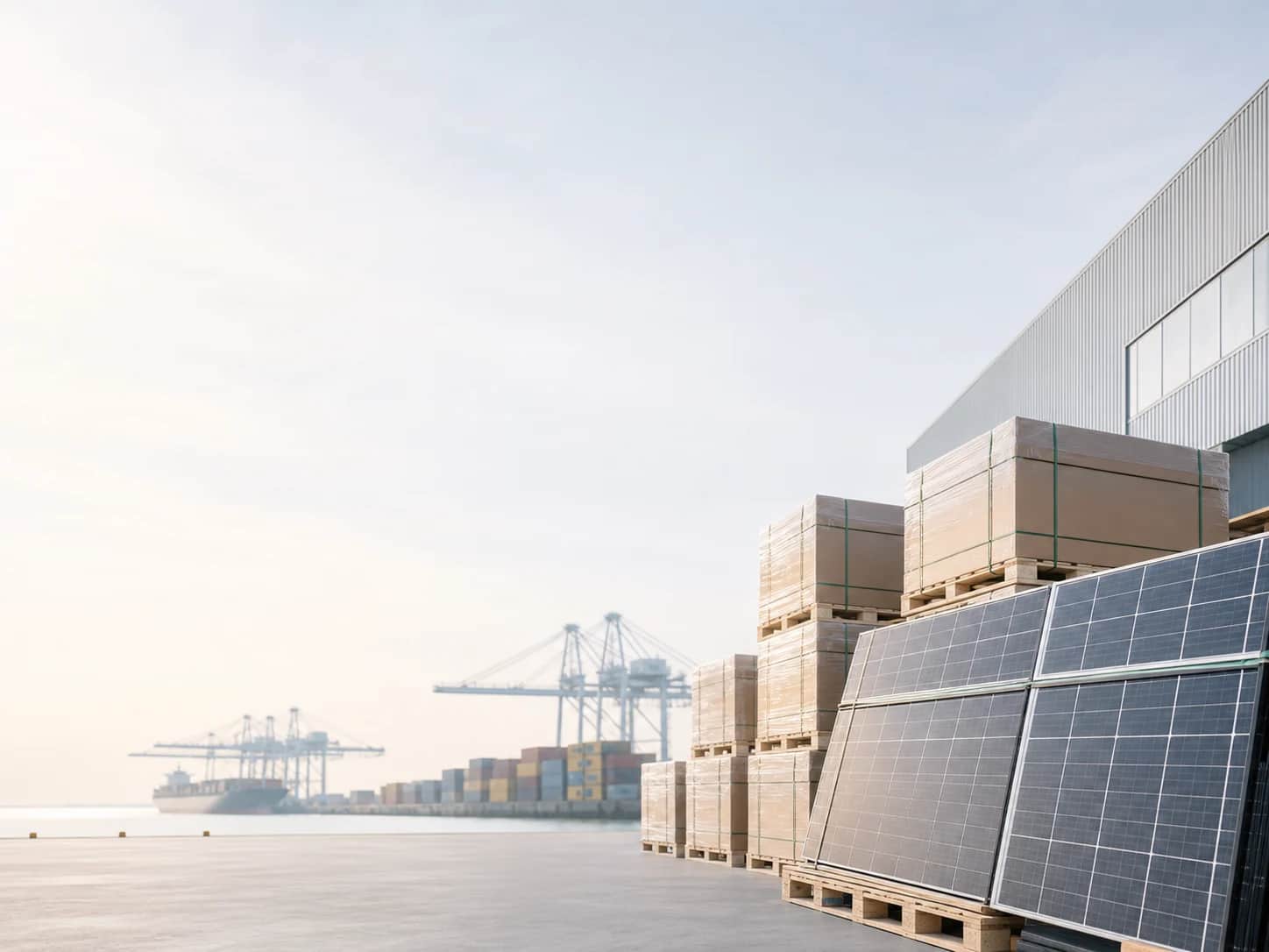 Solar panels prepared for international project cargo shipping
