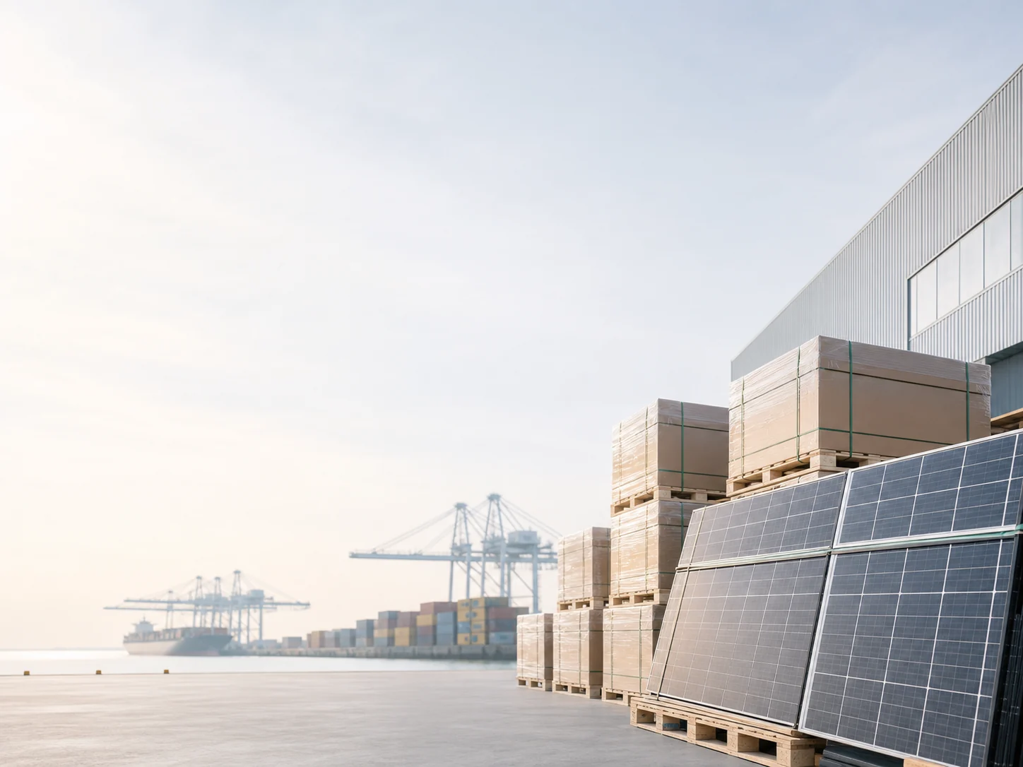 Solar panels prepared for international container shipping