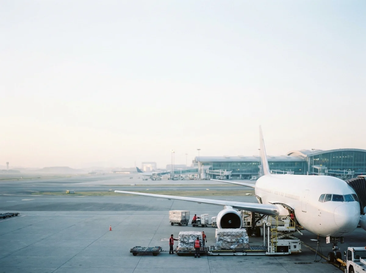 Air freight aircraft being prepared for loading at an airport